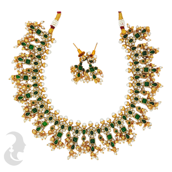 AD Gold Necklace - Green & White Color Stones - Studs, Product Code: V-1004