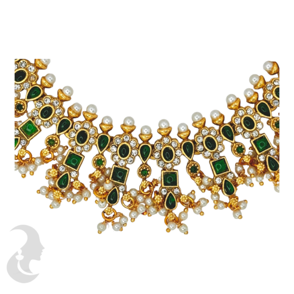 AD Gold Necklace - Green & White Color Stones - Studs, Product Code: V-1004 - Image 2