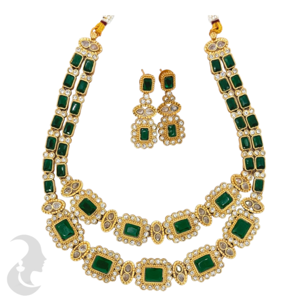 AD Double Layered Necklace-Green Color Stones - Studs, Product Code: V-1001