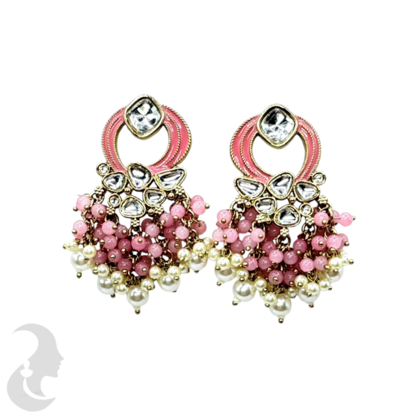 Kundan Stone Earrings- Pink & White Hangings, Product Code: V-1076