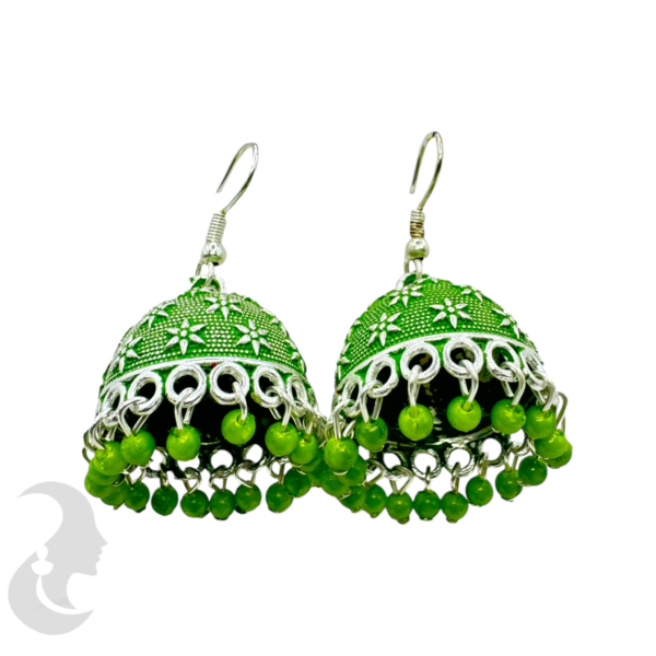 Green Color- Silver Plated Jhumka Set- With Green Beads Hangings, Product Code: V-1748