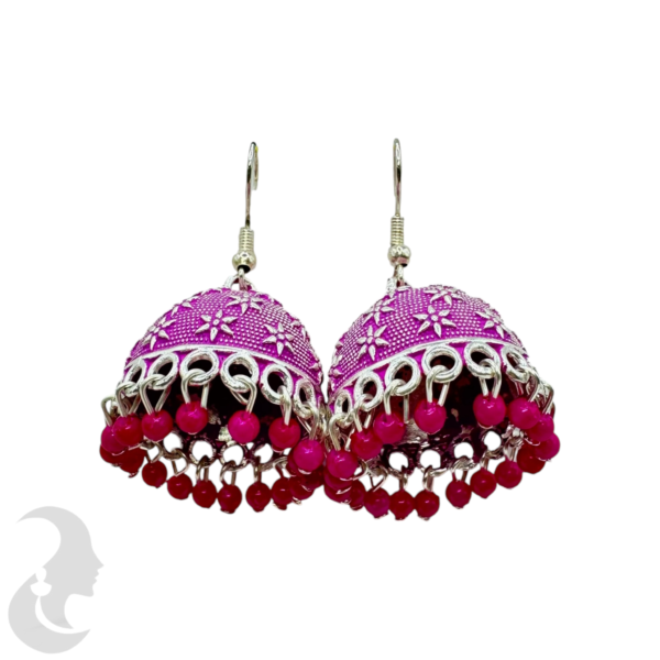 Pink Color- Silver Plated Jhumka Set- With Pink Beads Hangings, Product Code: V-1857