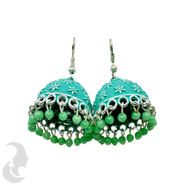 Pista Color- Silver Plated Jhumka Set- With Pista Beads Hangings, Product Code: V-1858