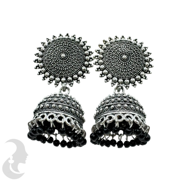 Silver Plated Black Color- Jhumka Set- With Black Beads Hangings, Product Code: V-1749