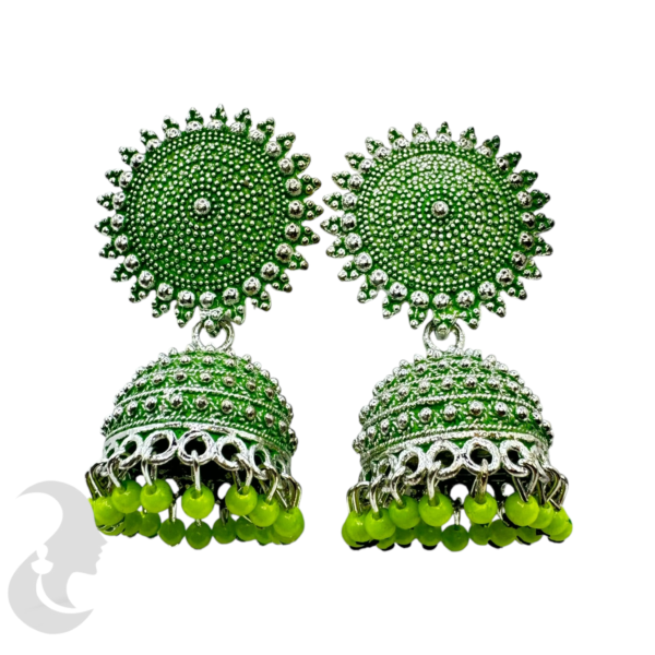 Silver Plated Green Color- Jhumka Set- With Green Beads Hangings, Product Code: V-1866