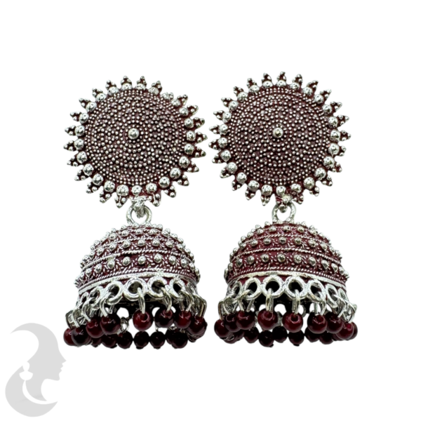 Silver Plated Maroon Color- Jhumka Set- With Maroon Beads Hangings, Product Code: V-1867