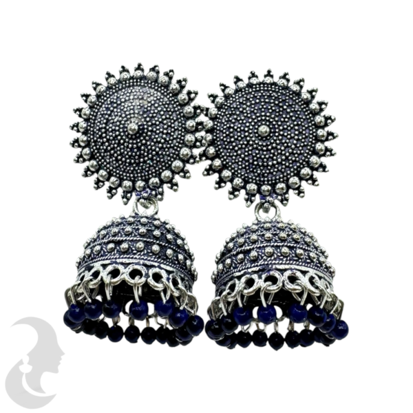 Silver Plated Dark Blue Color- Jhumka Set- With Dark Blue Beads Hangings, Product Code: V-1869