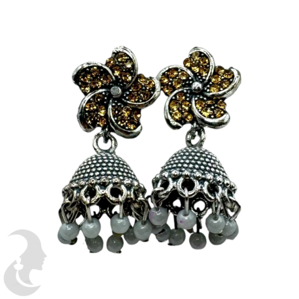 Silver Color Small Jhumkas Set- Flower Design- Silver Color Hangings, Product Code: V-1752