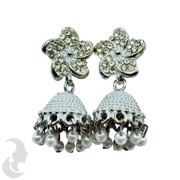 White Color Small Jhumkas Set- Flower Design- White Color Hangings, Product Code: V-1871