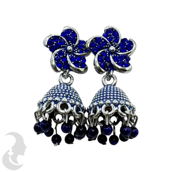 Dark Blue Color Small Jhumkas Set- Flower Design- Dark Blue Color Hangings, Product Code: V-1872