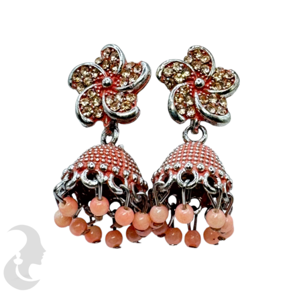 Baby Pink Color Small Jhumkas Set- Flower Design- Baby Pink Color Hangings, Product Code: V-1873