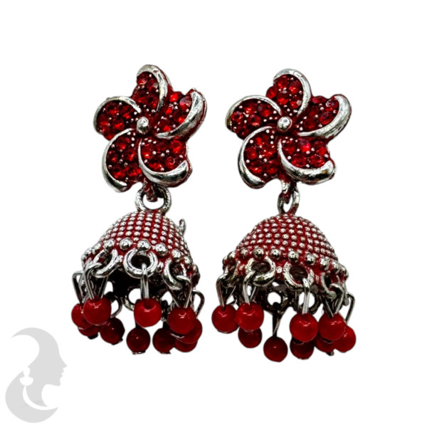 Red Color Small Jhumkas Set- Flower Design- Red Color Hangings, Product Code: V-1874