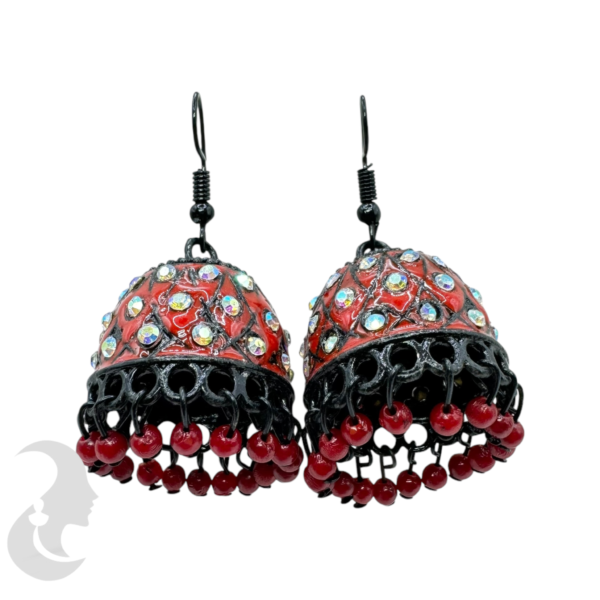 Red Green Color Meenakari Hanging Jhumka Set, Product Code: V-1879