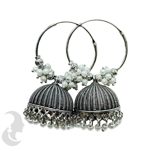 Black Silver Jhumka Set- White Beads Hangings, Product Code: V-1754