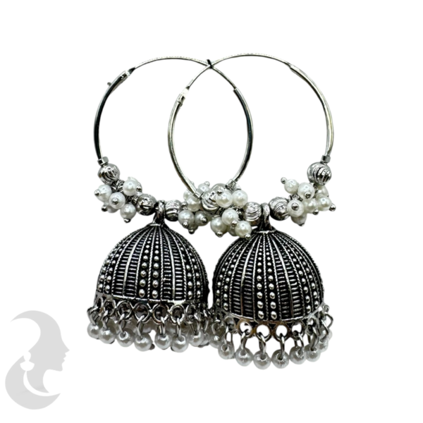 Black Silver Jhumka Set- White Beads Hangings, Product Code: V-1755