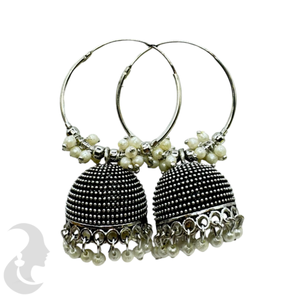 Black Silver Jhumka Set- White Beads Hangings, Product Code: V-1756