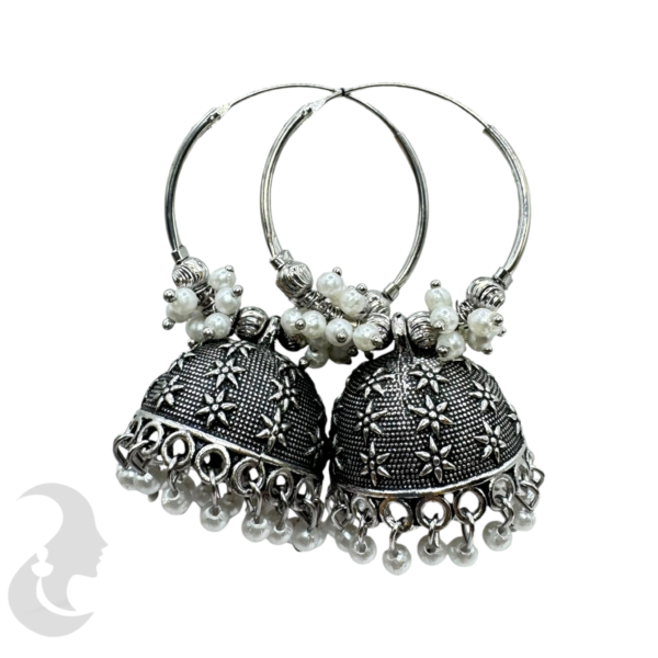 Black Silver Jhumka Set- White Beads Hangings, Product Code: V-1757