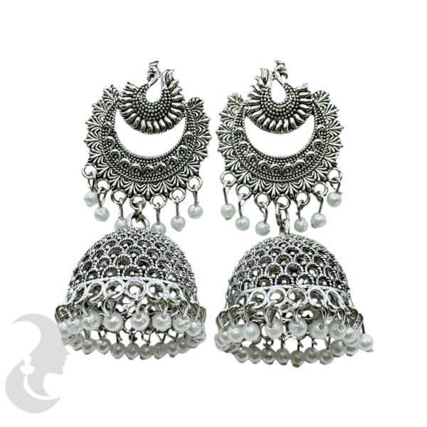 Black Silver Jhumka Set- Peacock Design- White Beads Hangings, Product Code: V-1758