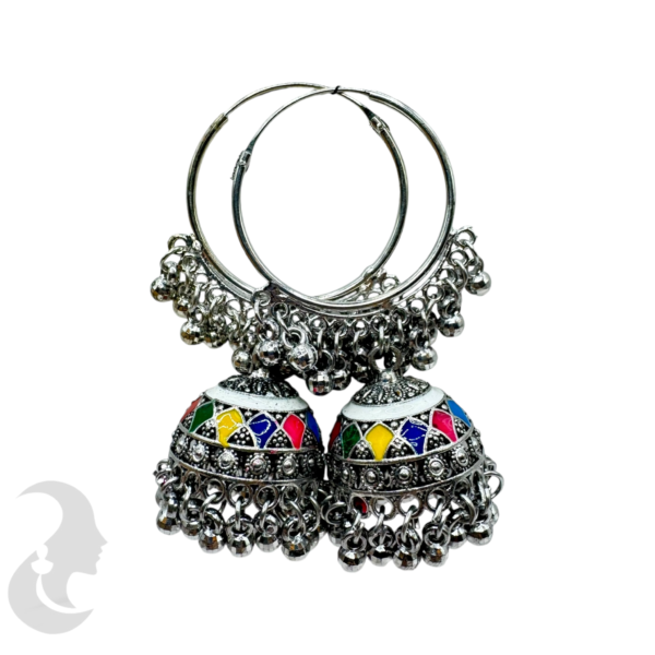 Black Silver Jhumka Set With Multi Color- Silver Hangings, Product Code: V-1763