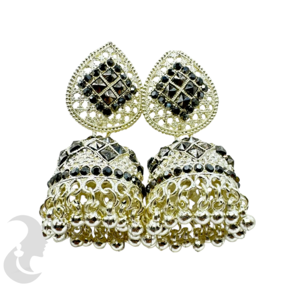 Silver Meenakari Jhumka Set- White & Black Stones- Silver Hangings, Product Code: V-1766