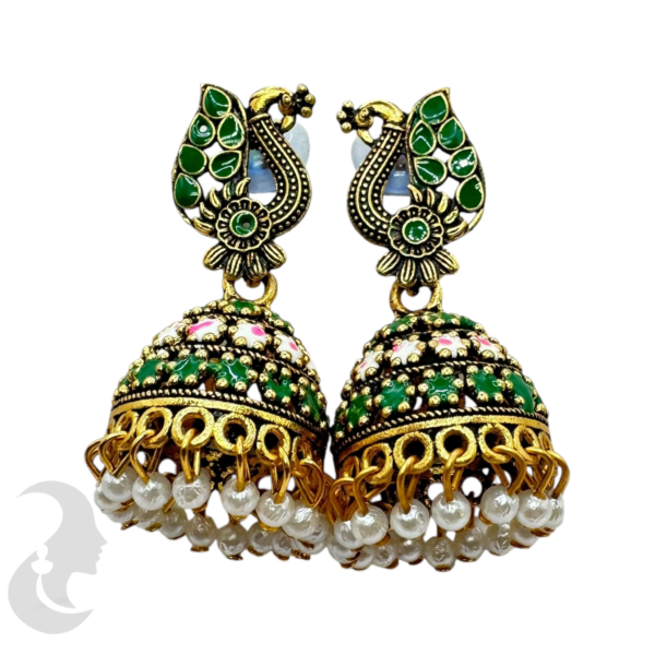 Black Gold Green Color Jhumka Set- Peacock Design-, Product Code: V-1768