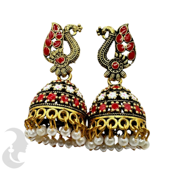 Black Gold Red Color Jhumka Set- Peacock Design-, Product Code: V-1882