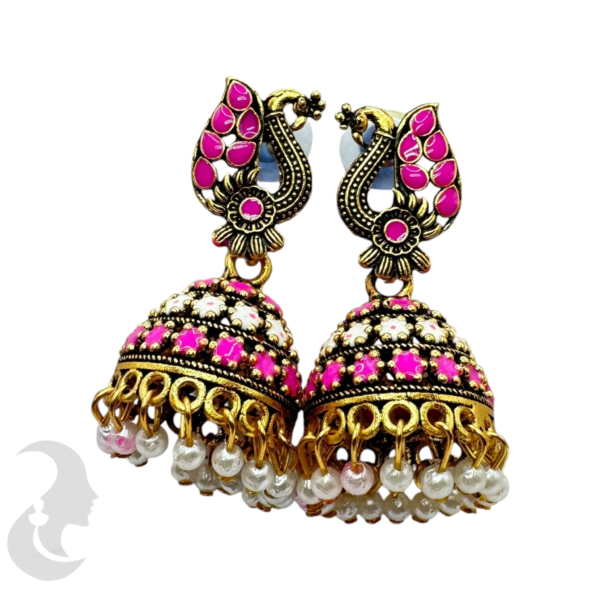 Black Gold Dark Pink Color Jhumka Set- Peacock Design-, Product Code: V-1883