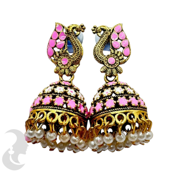 Black Gold Light Pink Color Jhumka Set- Peacock Design-, Product Code: V-1884