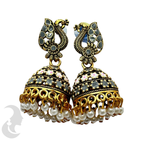 Black Gold Grey Color Jhumka Set- Peacock Design-, Product Code: V-1885