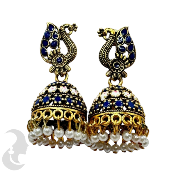 Black Gold Dark Blue Jhumka Set- Peacock Design-, Product Code: V-1886