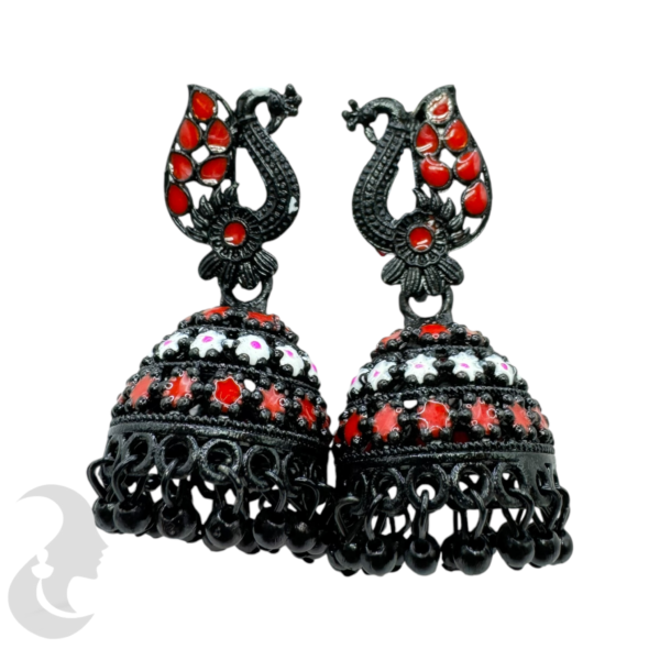 Red Color Jhumka Set- Peacock Design-, Product Code: V-1769