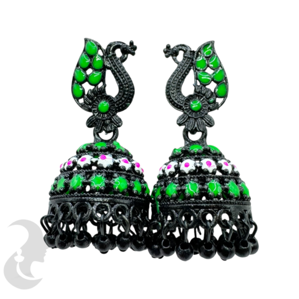 Green Color Jhumka Set- Peacock Design-, Product Code: V-1887