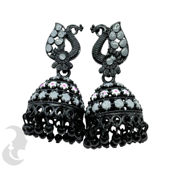 Grey Color Jhumka Set- Peacock Design-, Product Code: V-1888