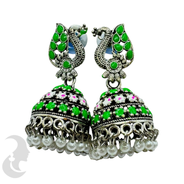 Silver Plated Green Color Jhumka Set- Peacock Design-, Product Code: V-1891