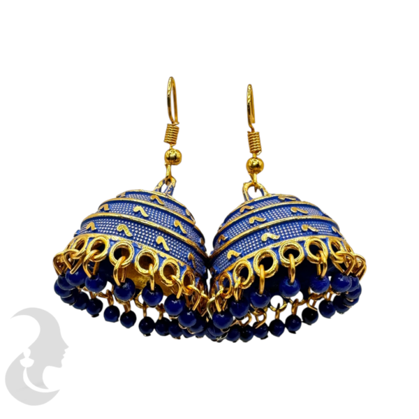 Gold Plated- Dark Blue Color Jhumka Set With Hangings, Product Code: V-1770