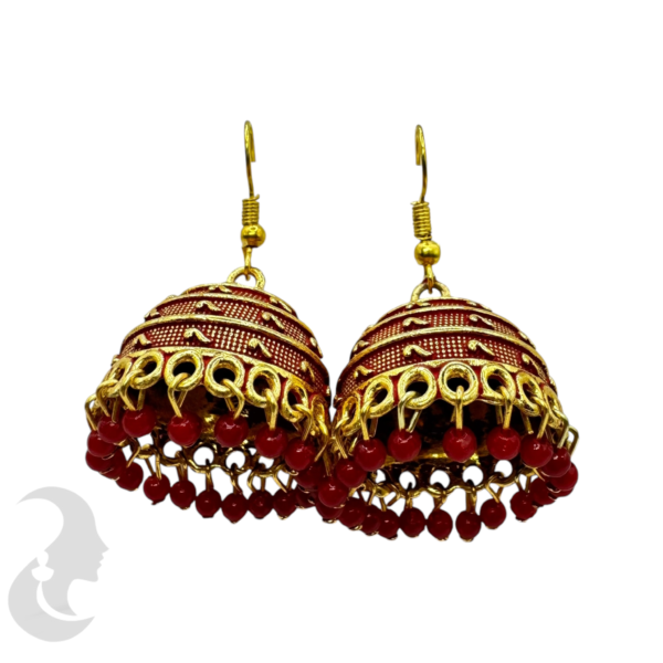 Gold Plated- Red Color Jhumka Set With Hangings, Product Code: V-1892