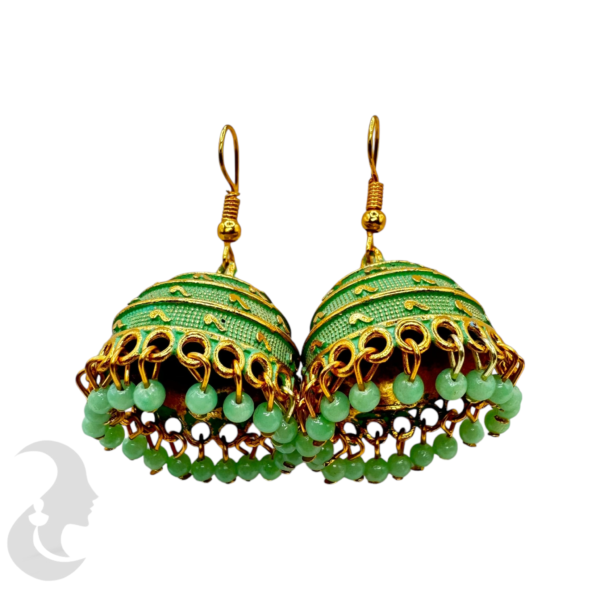 Gold Plated- Pista Color Jhumka Set With Hangings, Product Code: V-1893