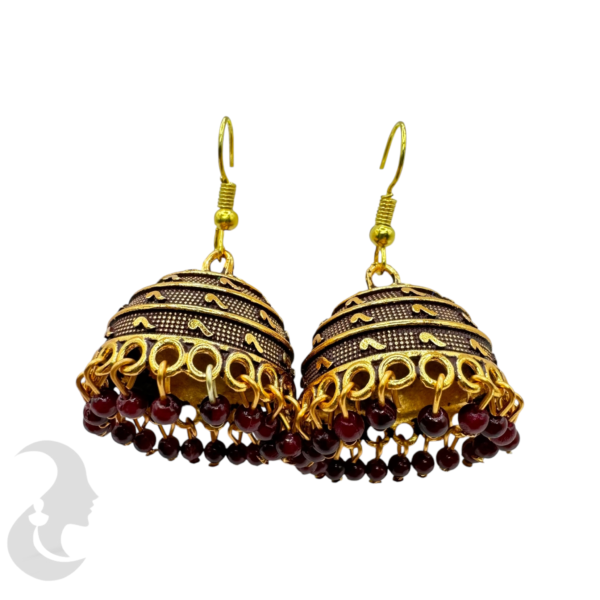 Gold Plated- Maroon Color Jhumka Set With Hangings, Product Code: V-1894