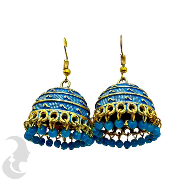 Gold Plated- Blue Color Jhumka Set With Hangings, Product Code: V-1895