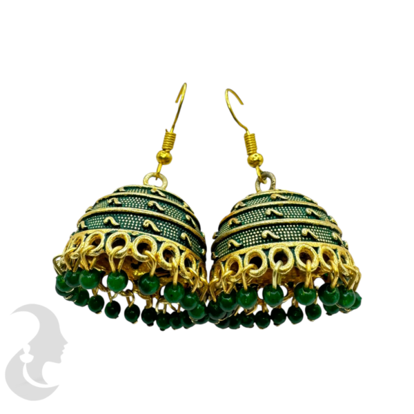 Gold Plated- Green Color Jhumka Set With Hangings, Product Code: V-1896