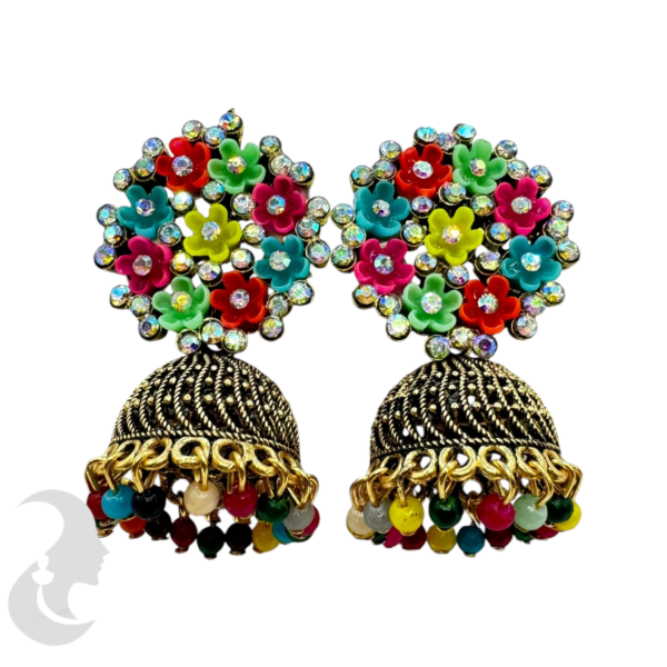 Black Gold Jhumka Set- Multi Color Stone & Hangings, Product Code: V-1772