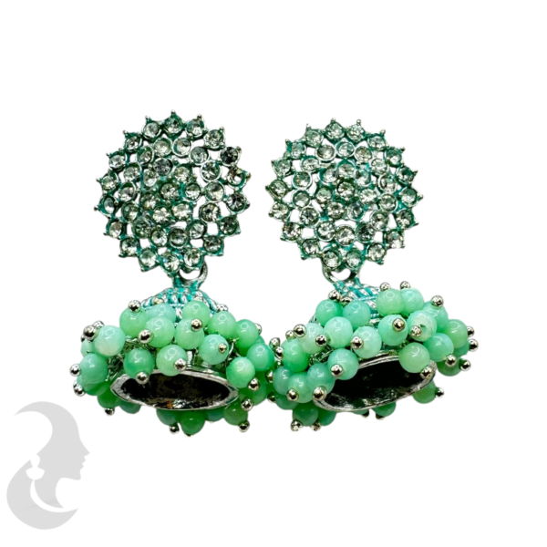 Pista Beads Silver Plated Jhumka Set, Product Code: V-1900