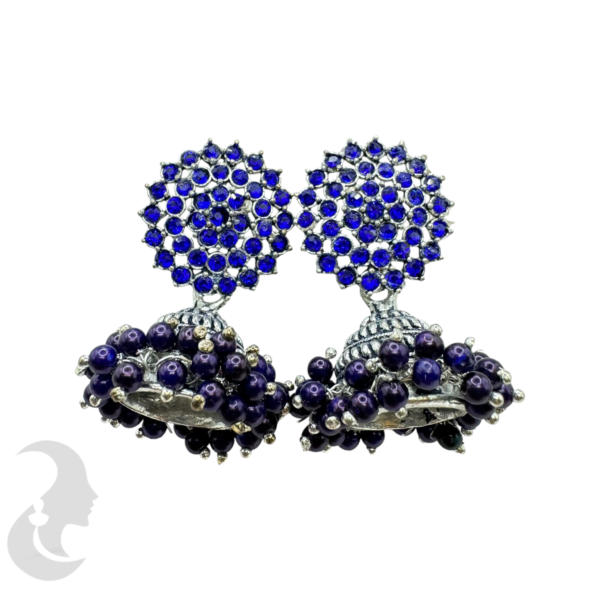 Dark Blue Beads Silver Plated Jhumka Set, Product Code: V-1902