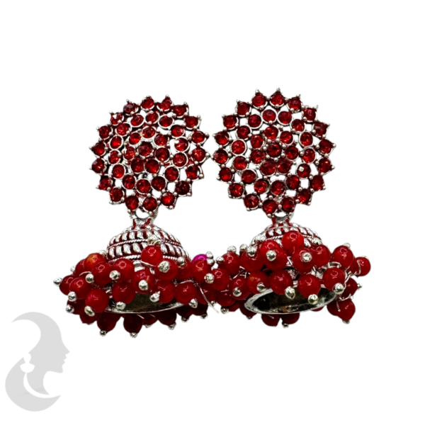 Red Beads Silver Plated Jhumka Set, Product Code: V-1903