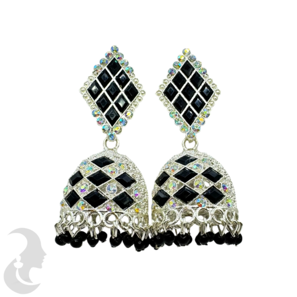 Meenakari- Silver Jhumka Set- Black Color Stone & Hangings, Product Code: V-1897