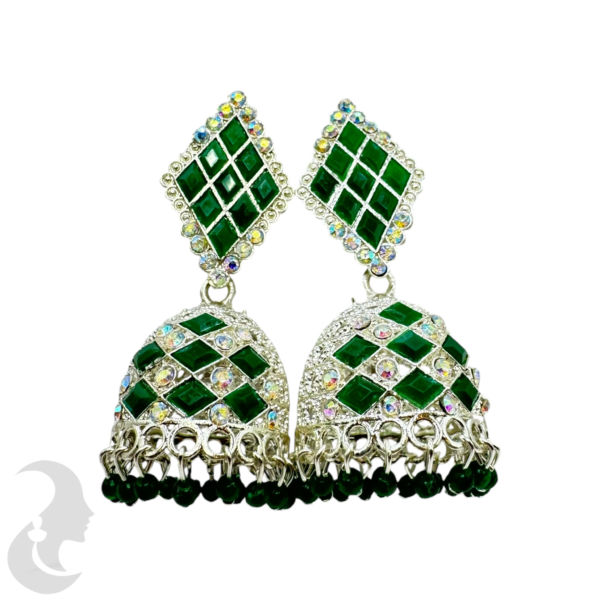 Meenakari- Silver Jhumka Set- Green Color Stone & Hangings, Product Code: V-1898