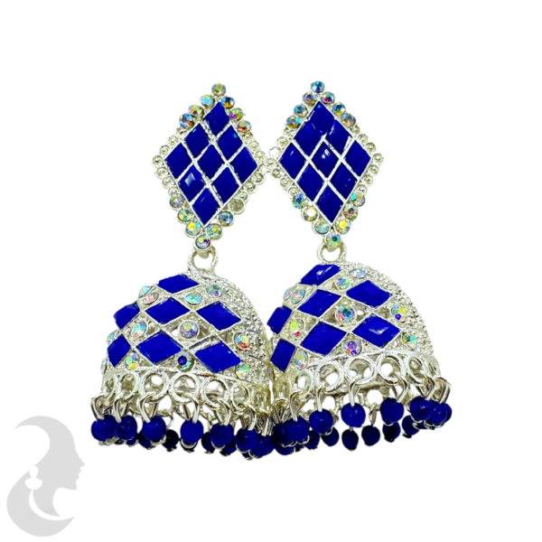 Meenakari- Silver Jhumka Set- Blue Color Stone & Hangings, Product Code: V-1899