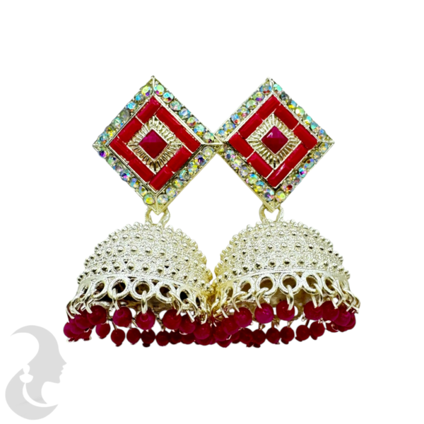 Meenakari- Silver Jhumka Set- Red Color Stone & Pink Color Hangings, Product Code: V-1904