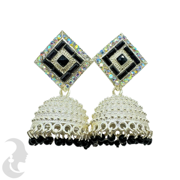 Meenakari- Silver Jhumka Set- Black Color Stone & Hangings, Product Code: V-1905