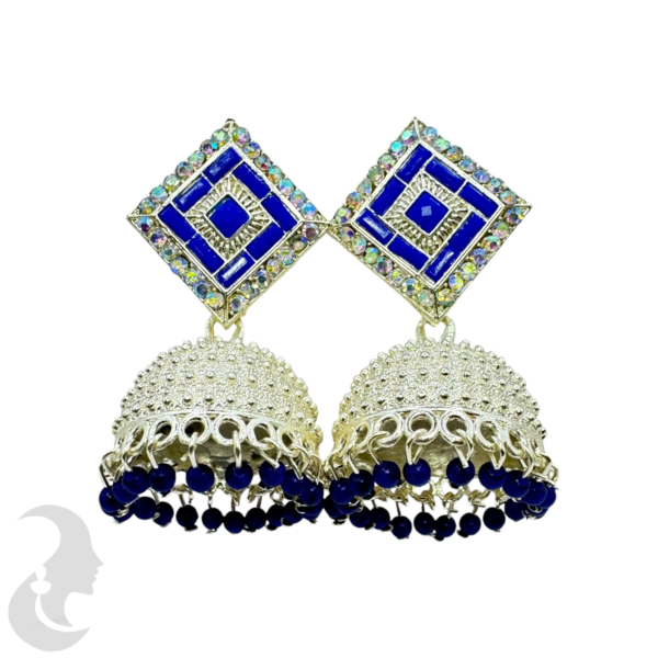 Meenakari- Silver Jhumka Set- Blue Color Stone & Hangings, Product Code: V-1907